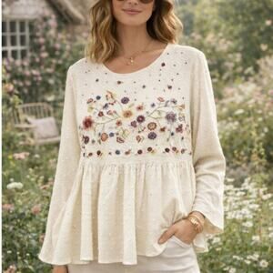 Skylar & Jade Embroidered Blouse Cream Flowy Dotted Open Back Floral Boho